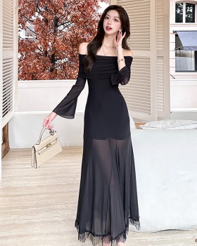 Slim enticement flat shoulder dress autumn splice lace long dress