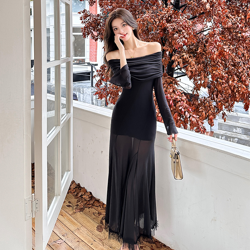 Slim enticement flat shoulder dress autumn splice lace long dress