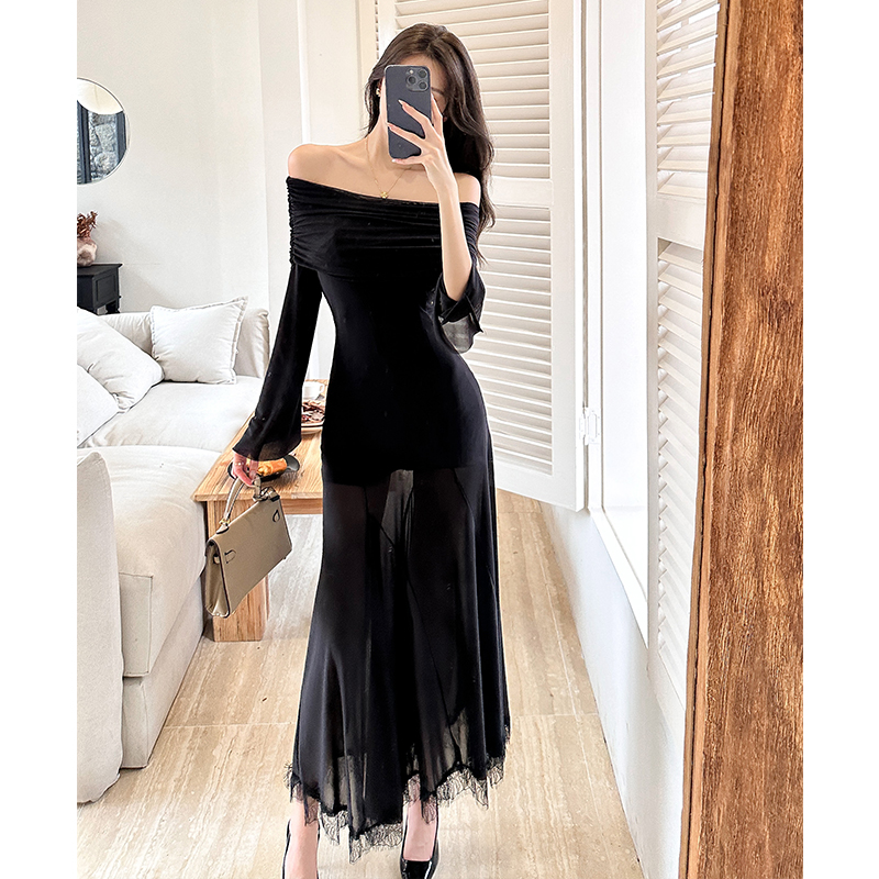 Slim enticement flat shoulder dress autumn splice lace long dress