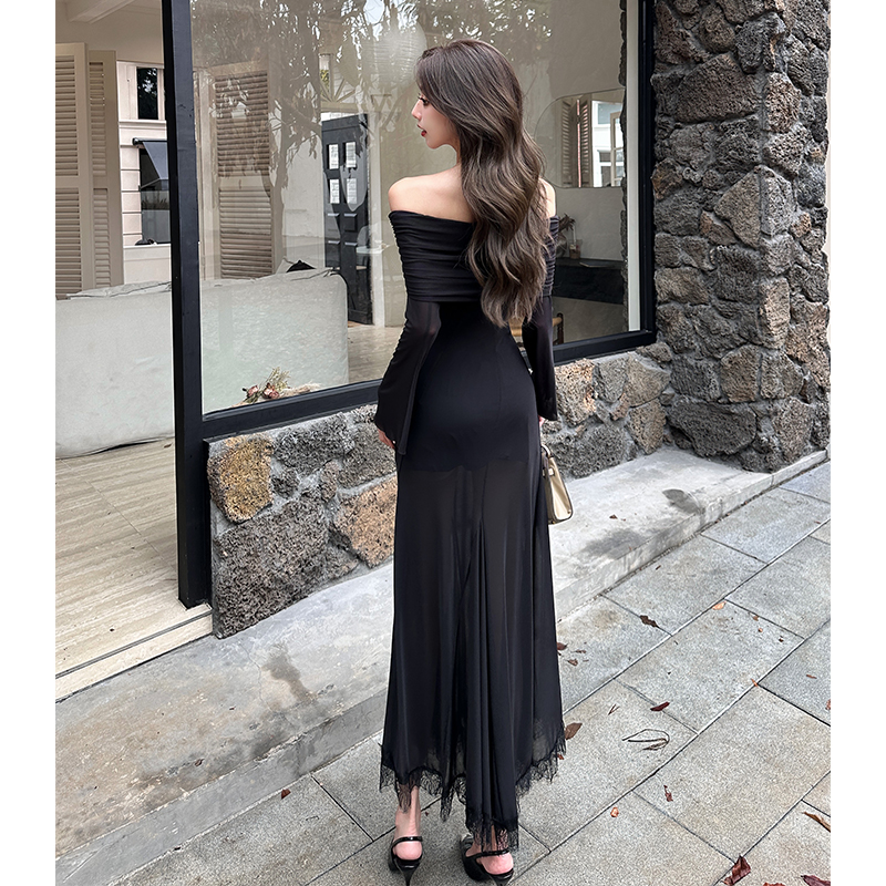 Slim enticement flat shoulder dress autumn splice lace long dress