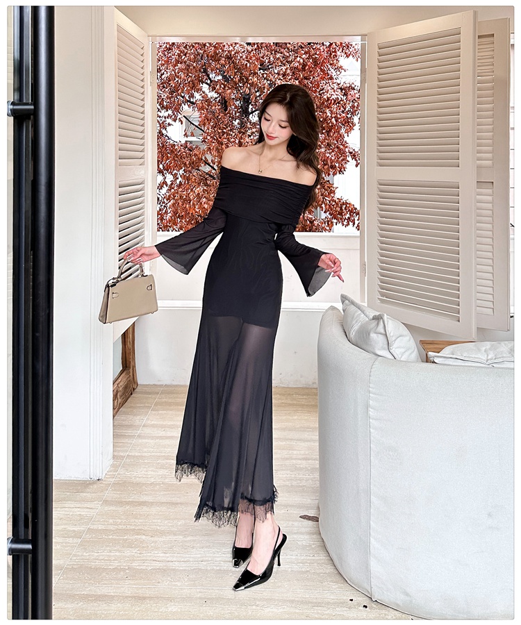 Slim enticement flat shoulder dress autumn splice lace long dress