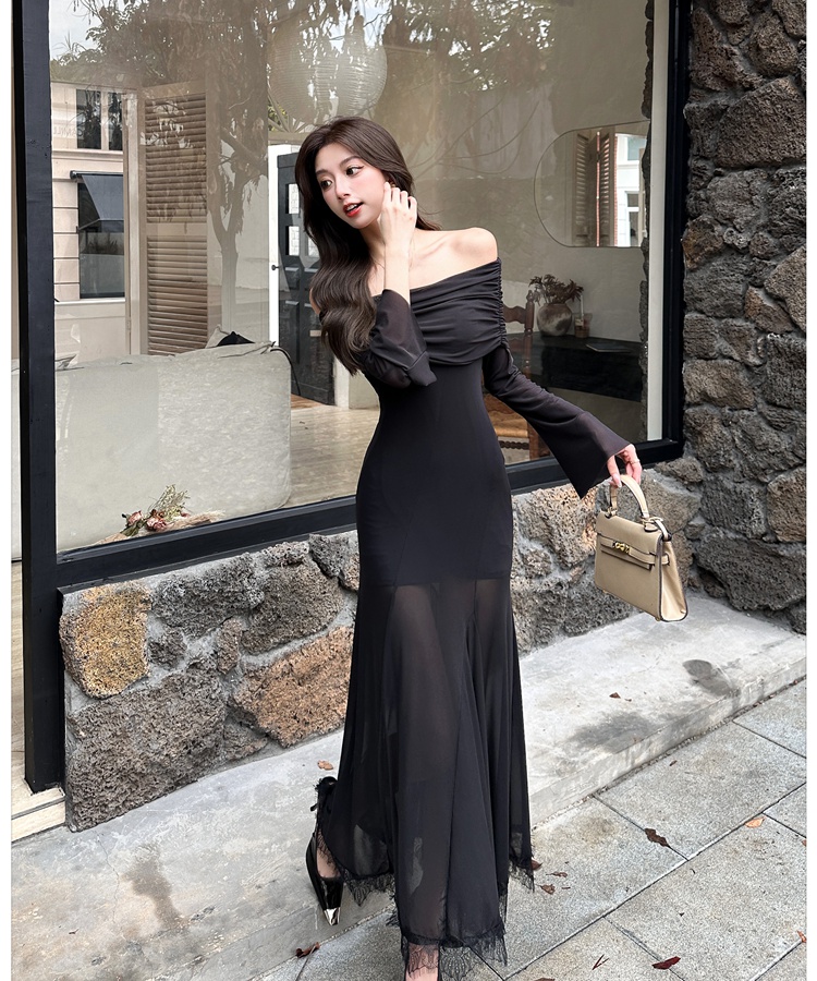 Slim enticement flat shoulder dress autumn splice lace long dress