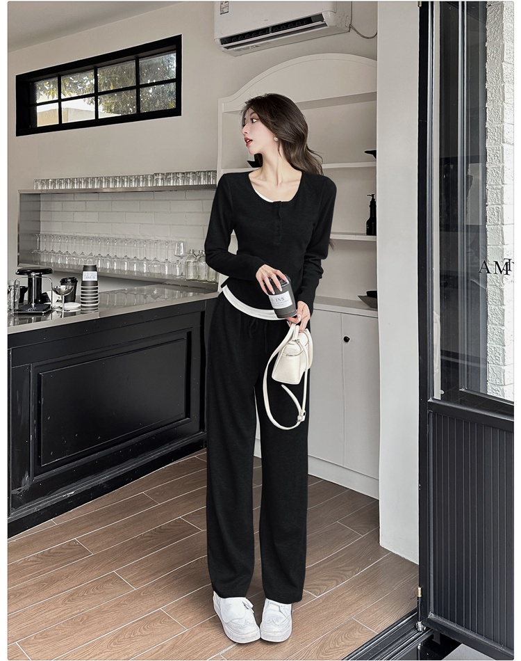 Casual wide leg pants Pseudo-two tops 2pcs set