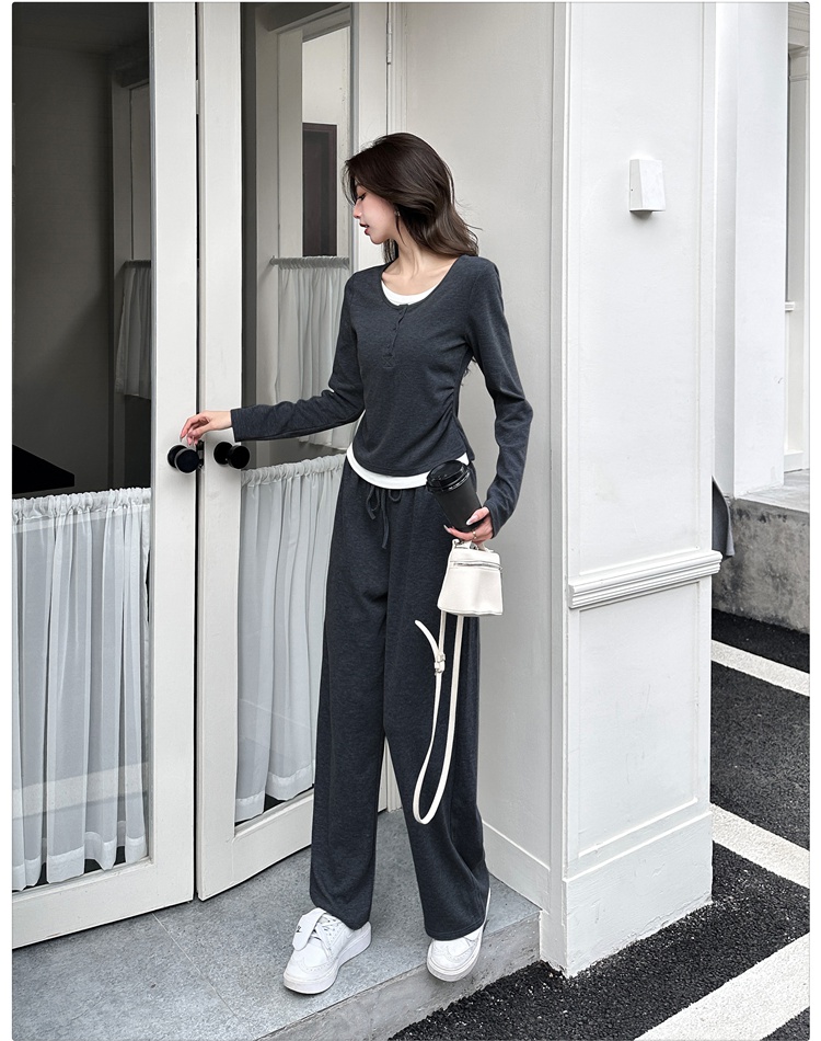 Casual wide leg pants Pseudo-two tops 2pcs set