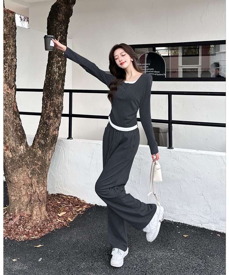 Casual wide leg pants Pseudo-two tops 2pcs set