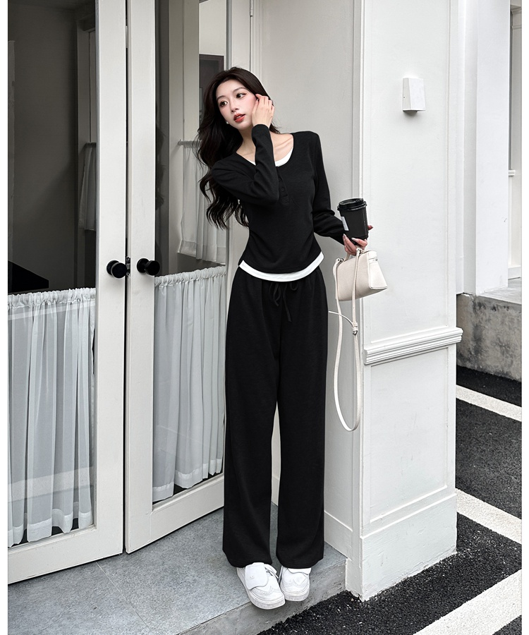 Casual wide leg pants Pseudo-two tops 2pcs set