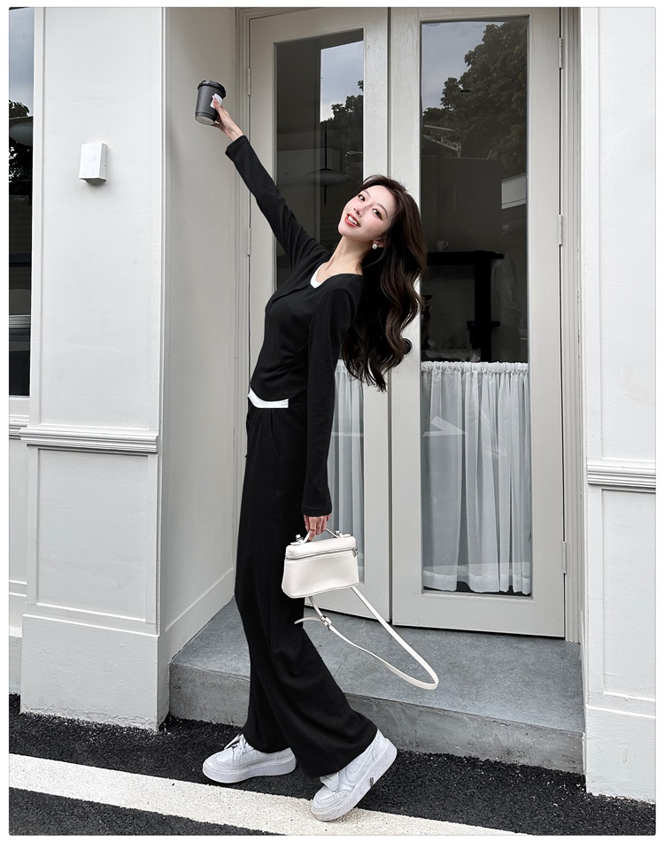 Casual wide leg pants Pseudo-two tops 2pcs set