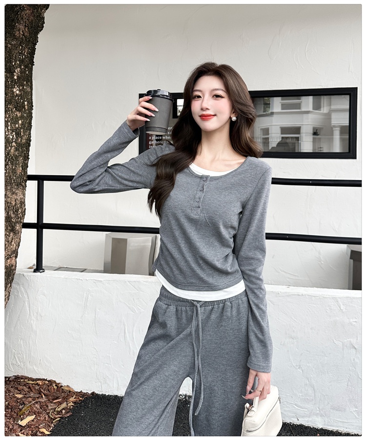 Casual wide leg pants Pseudo-two tops 2pcs set