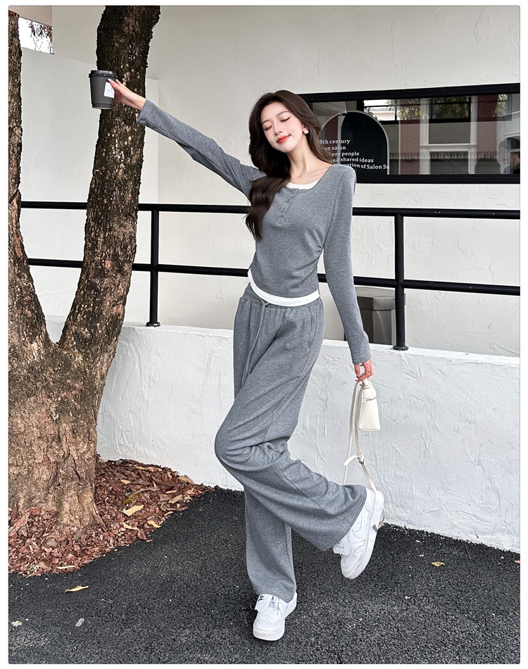 Casual wide leg pants Pseudo-two tops 2pcs set