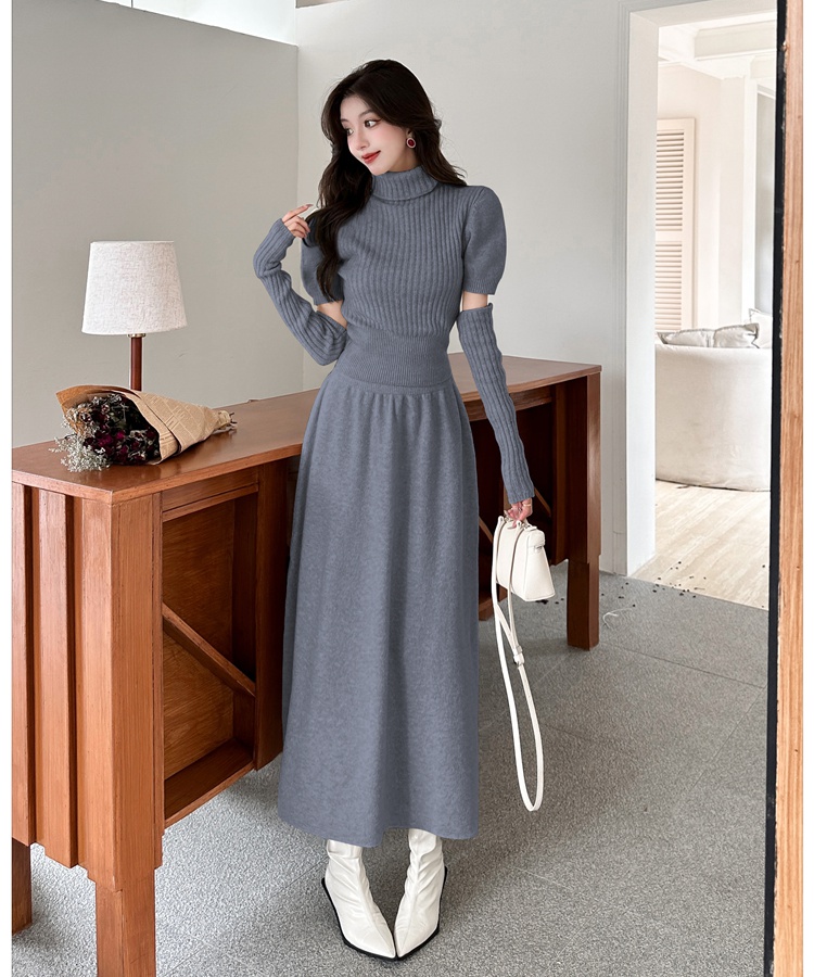 Knitted sweater slim sleeve short skirt 2pcs set for women