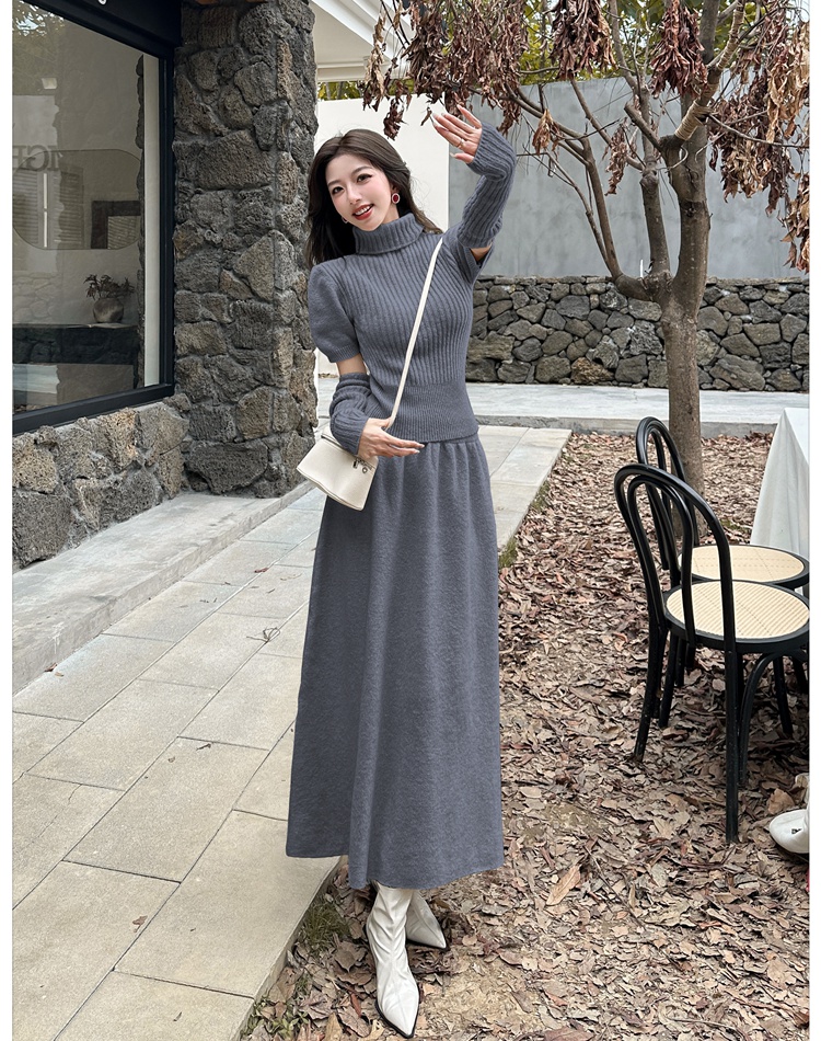 Knitted sweater slim sleeve short skirt 2pcs set for women