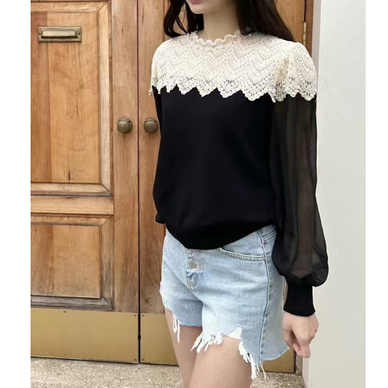 Knitted splice tops temperament spring chiffon shirt for women