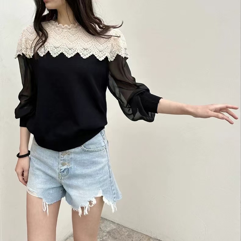 Knitted splice tops temperament spring chiffon shirt for women