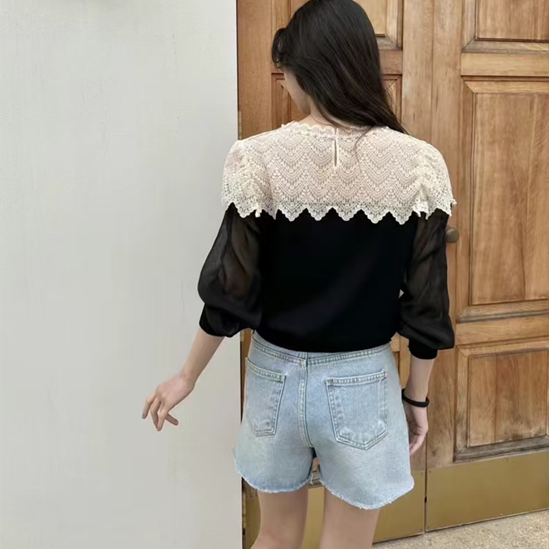 Knitted splice tops temperament spring chiffon shirt for women