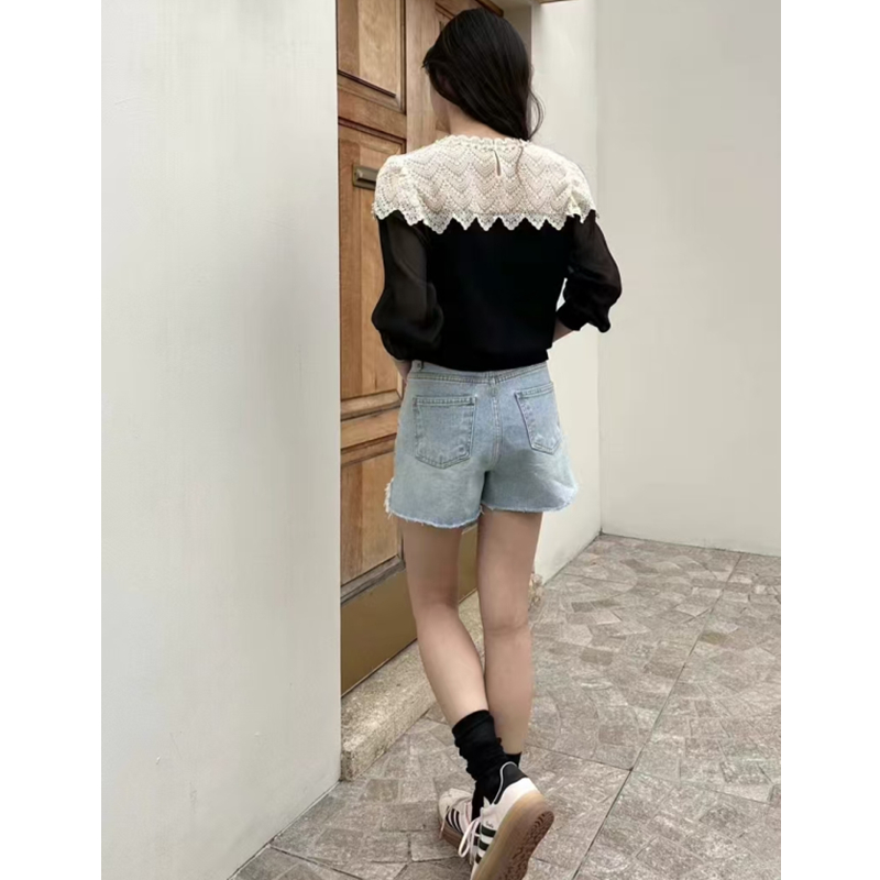 Knitted splice tops temperament spring chiffon shirt for women