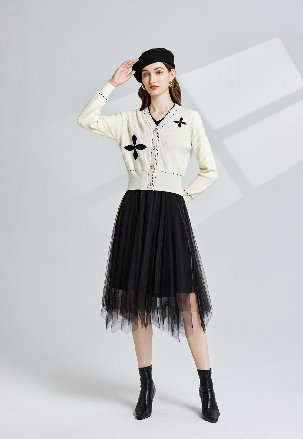 Splice autumn and winter coat pinched waist cardigan 2pcs set