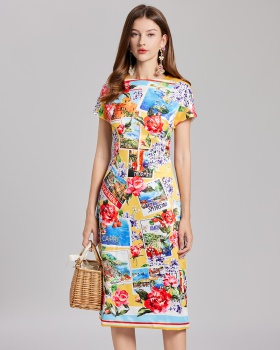 Stitching slim pinched waist summer printing dress