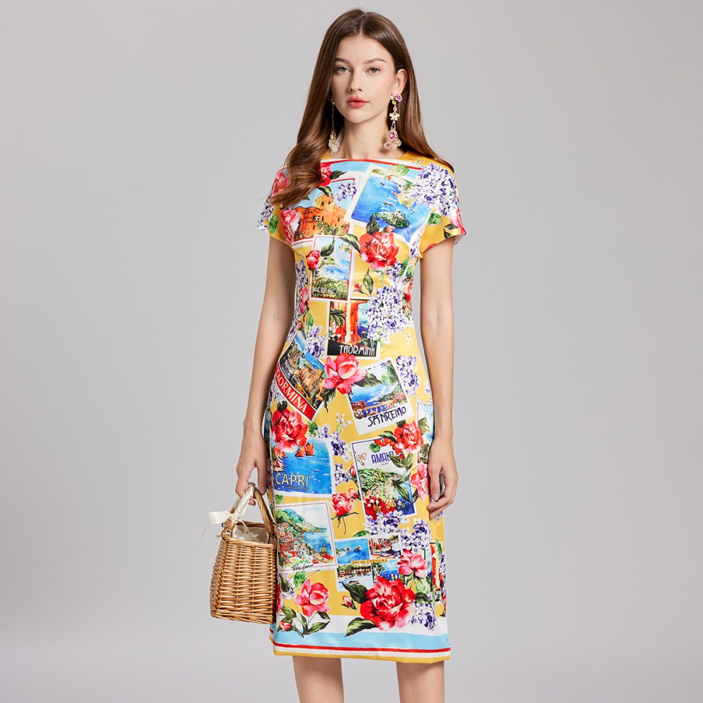 Stitching slim pinched waist summer printing dress