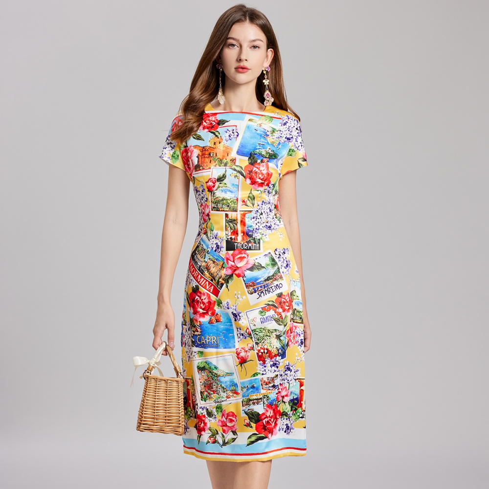 Stitching slim pinched waist summer printing dress