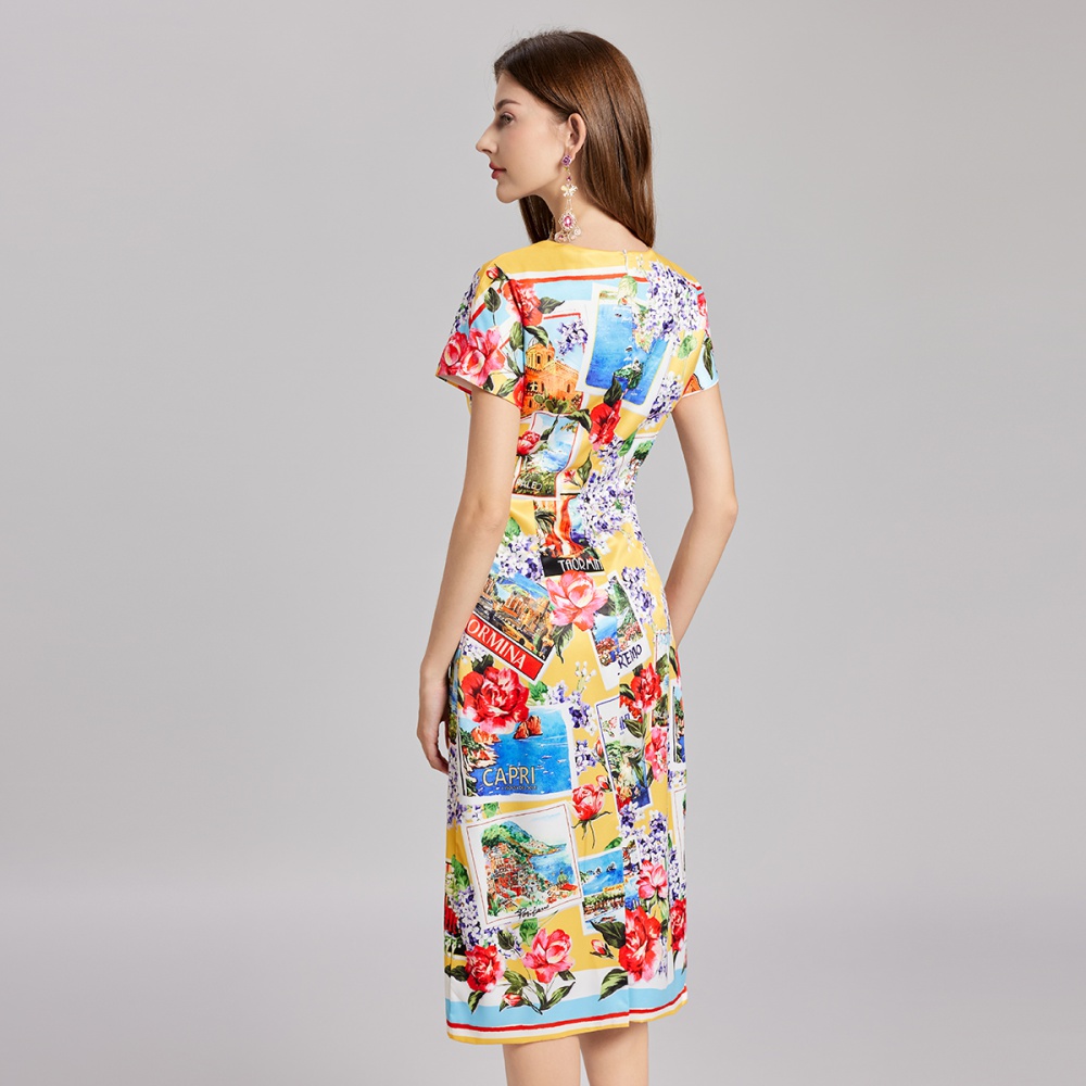 Stitching slim pinched waist summer printing dress