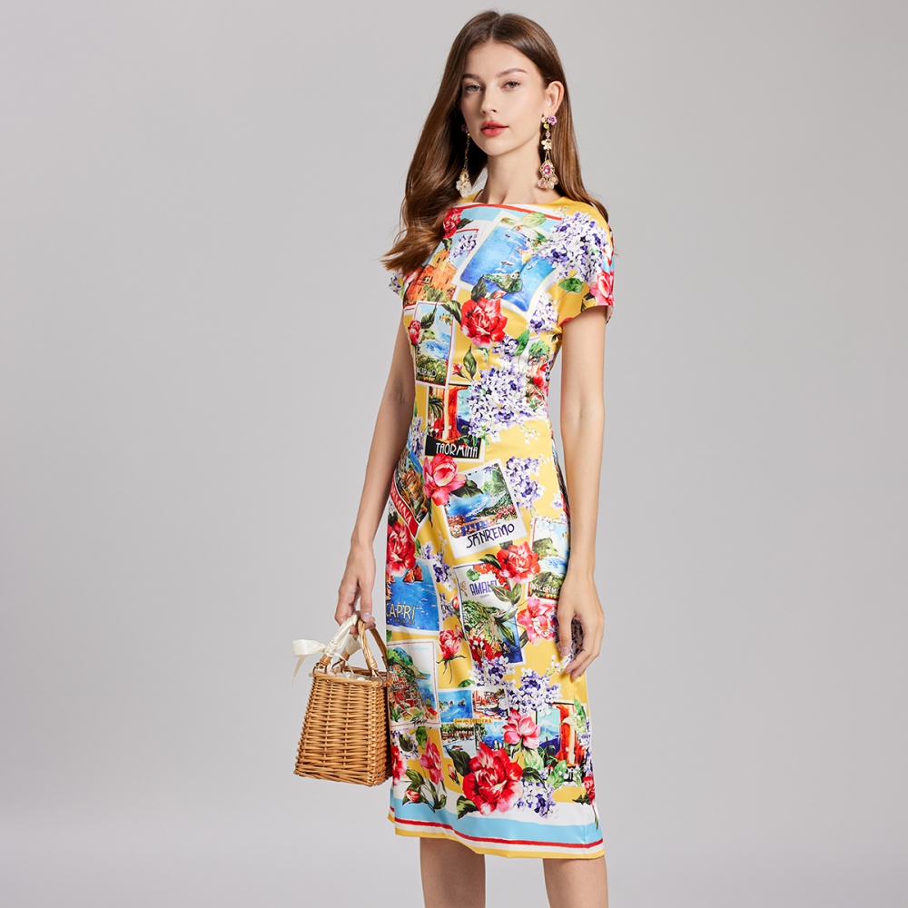 Stitching slim pinched waist summer printing dress