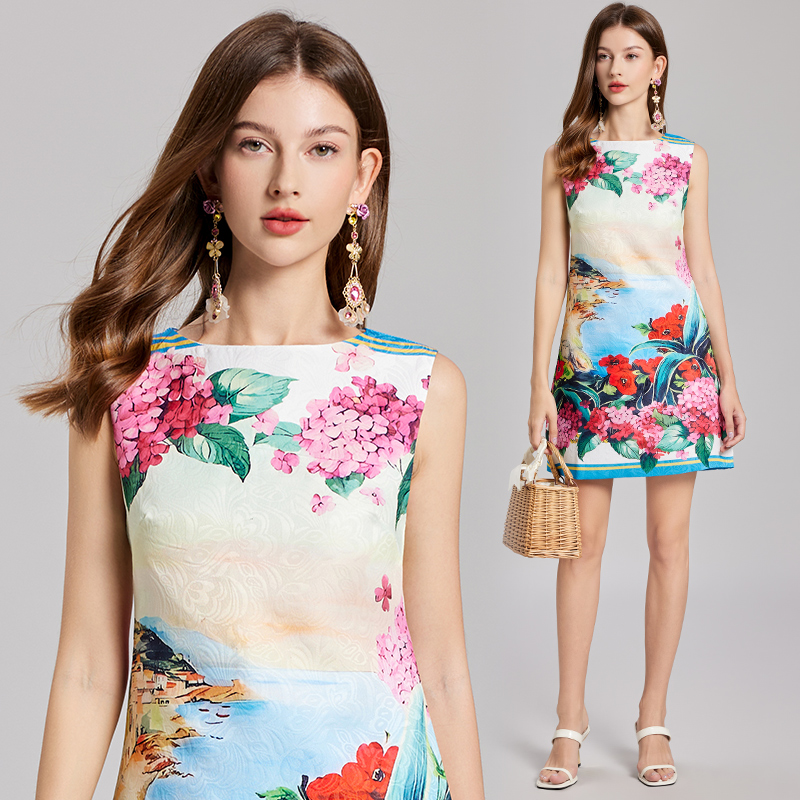 Embroidered spring vest jacquard printing dress