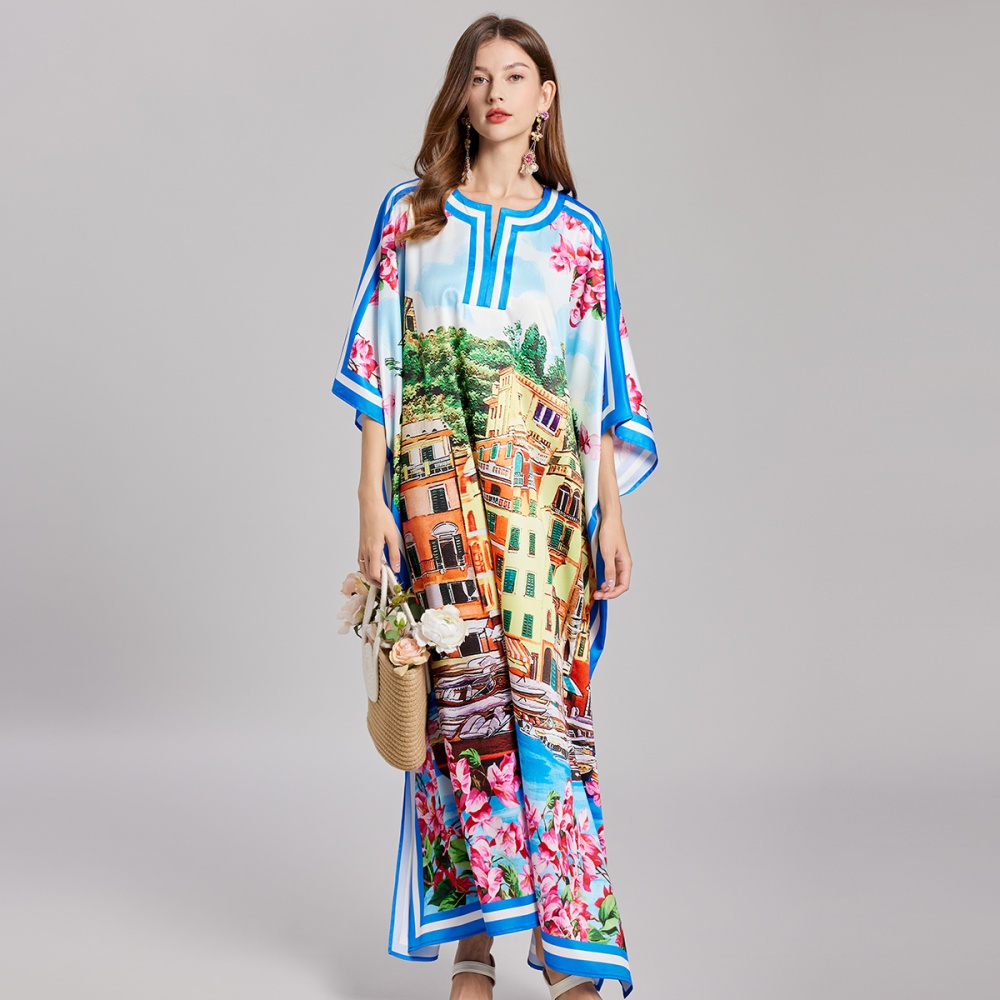 Printing round neck dress large yard loose long dress