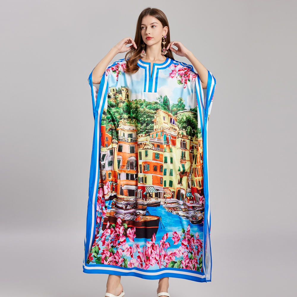 Printing round neck dress large yard loose long dress