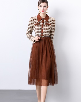 Temperament long sleeve chanelstyle splice big skirt dress