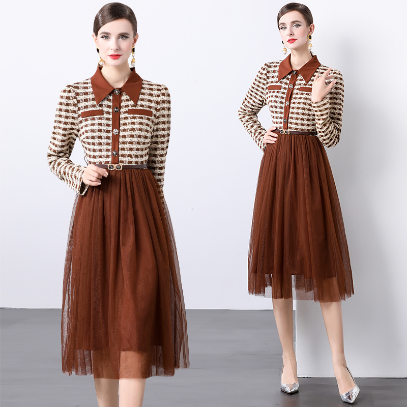 Temperament long sleeve chanelstyle splice big skirt dress