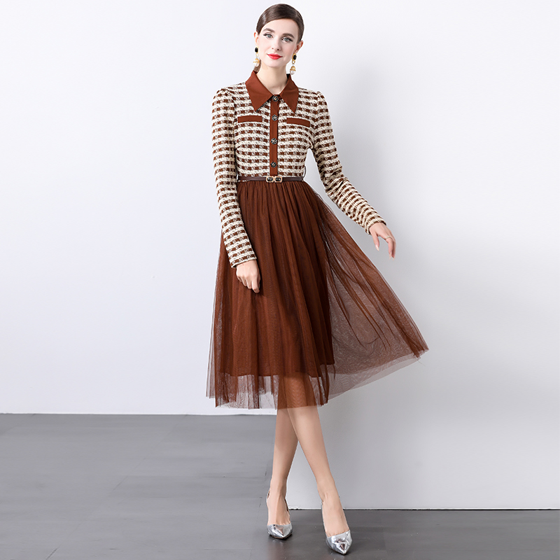 Temperament long sleeve chanelstyle splice big skirt dress