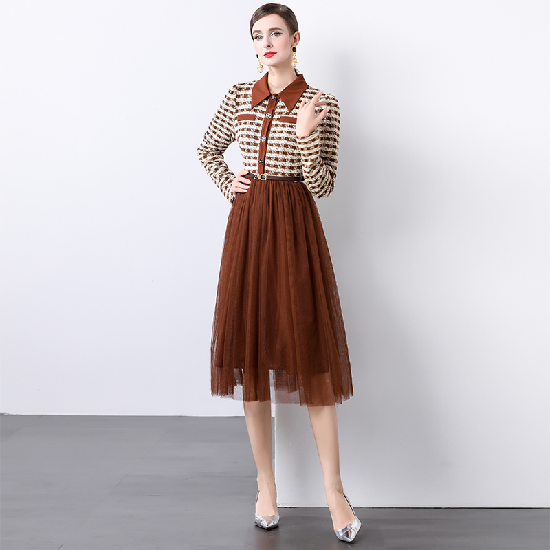 Temperament long sleeve chanelstyle splice big skirt dress