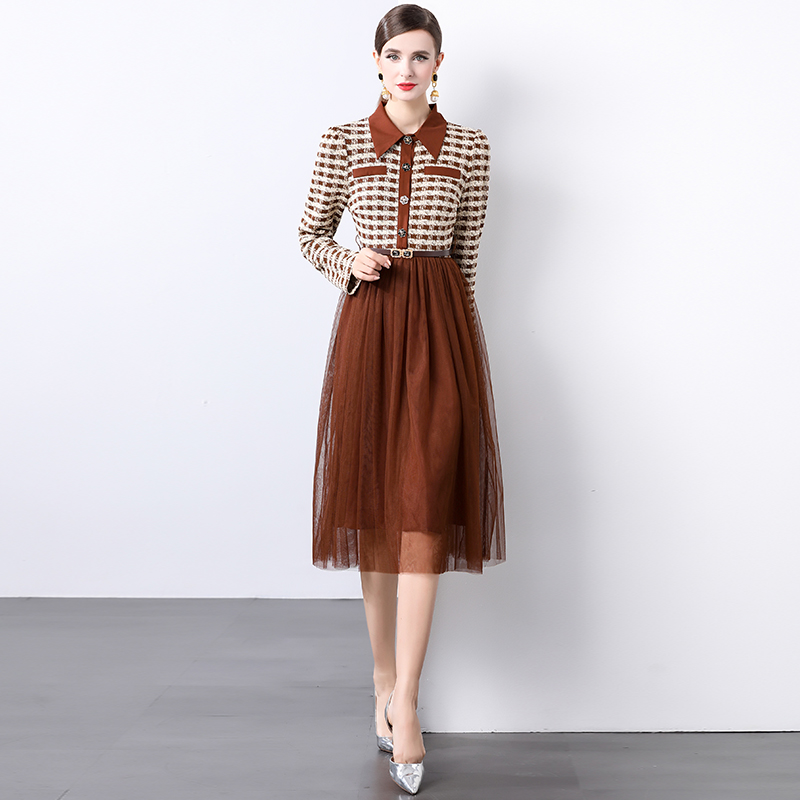 Temperament long sleeve chanelstyle splice big skirt dress