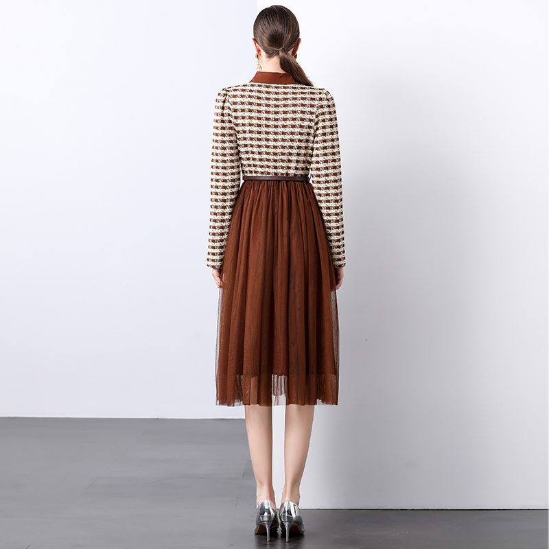 Temperament long sleeve chanelstyle splice big skirt dress