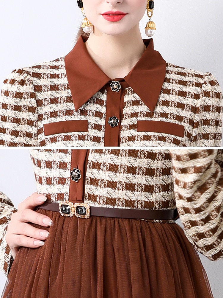 Temperament long sleeve chanelstyle splice big skirt dress