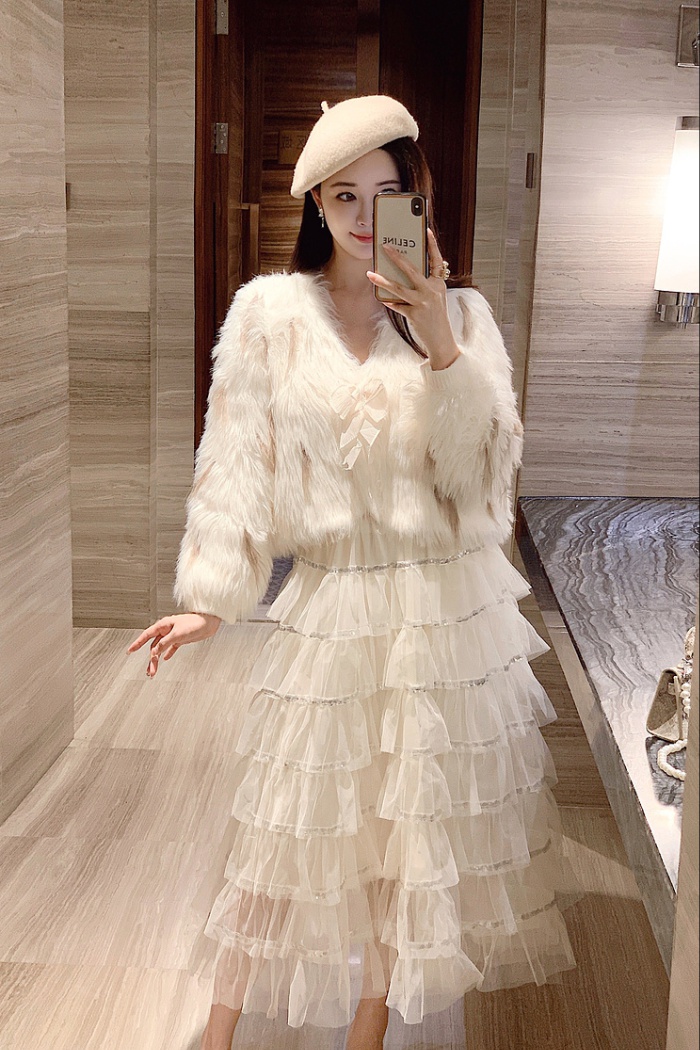 Mink velvet sweet skirt winter jacket 2pcs set