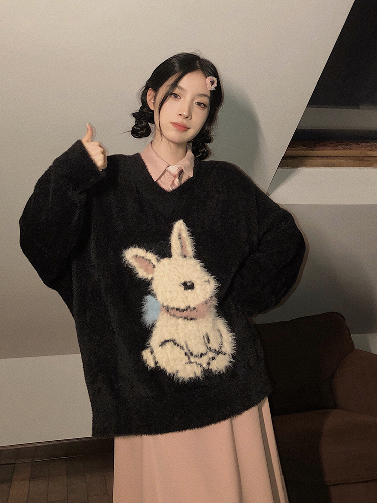 Loose V-neck lazy tops autumn rabbit sweater for women