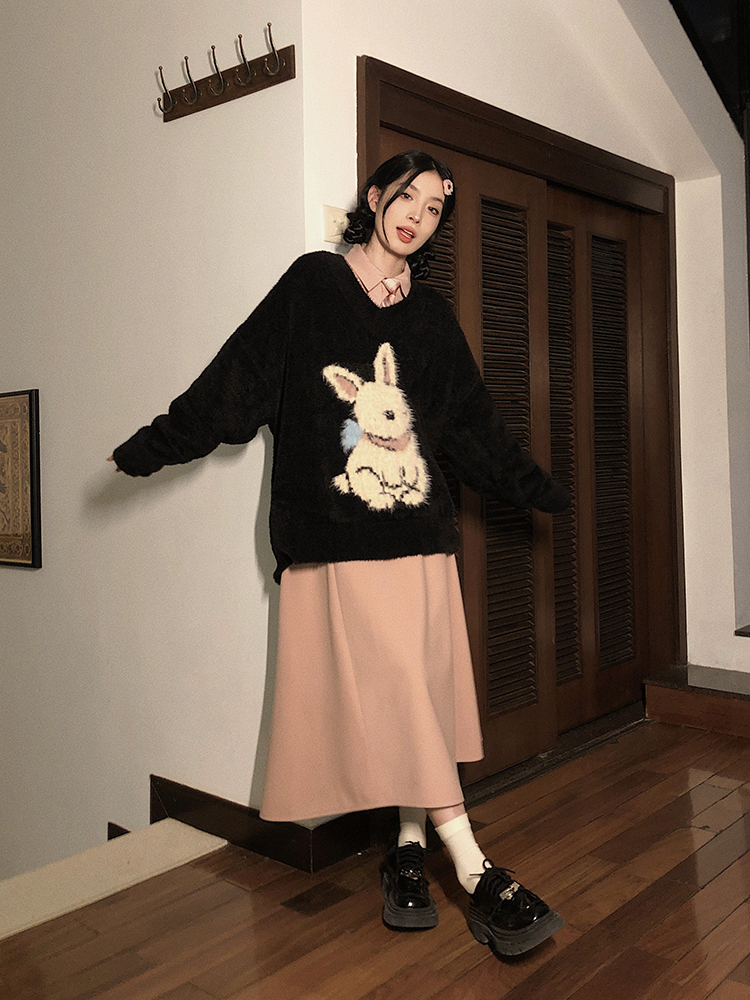 Loose V-neck lazy tops autumn rabbit sweater for women