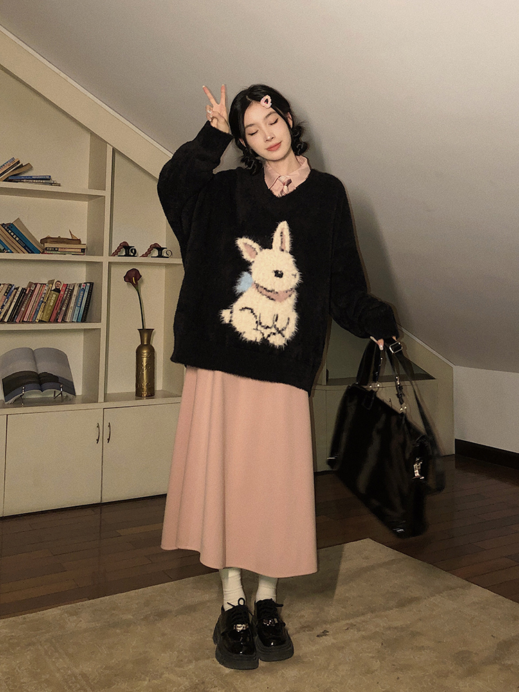 Loose V-neck lazy tops autumn rabbit sweater for women