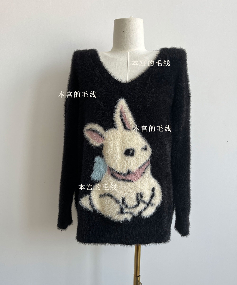 Loose V-neck lazy tops autumn rabbit sweater for women