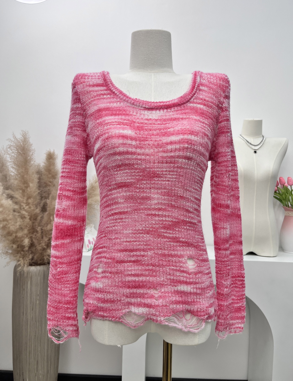 Tie dye U-neck slim autumn holes tight long sweater