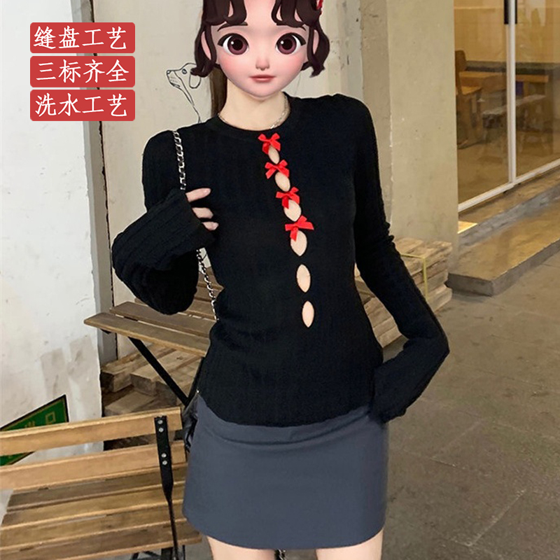 Middle hollow spicegirl round neck pure sweater for women