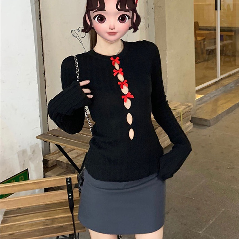 Middle hollow spicegirl round neck pure sweater for women