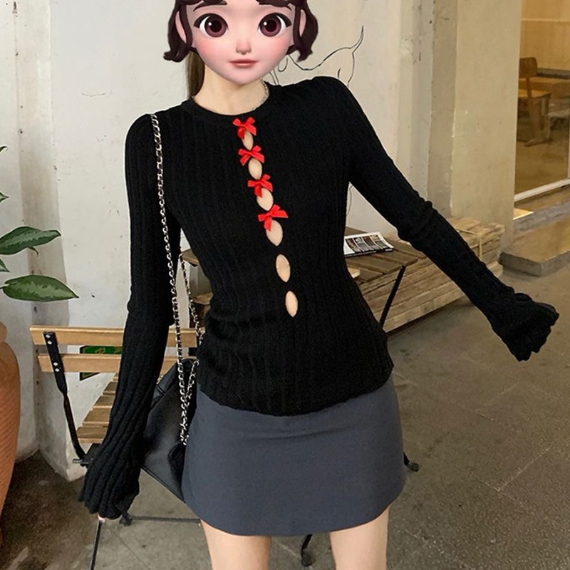 Middle hollow spicegirl round neck pure sweater for women