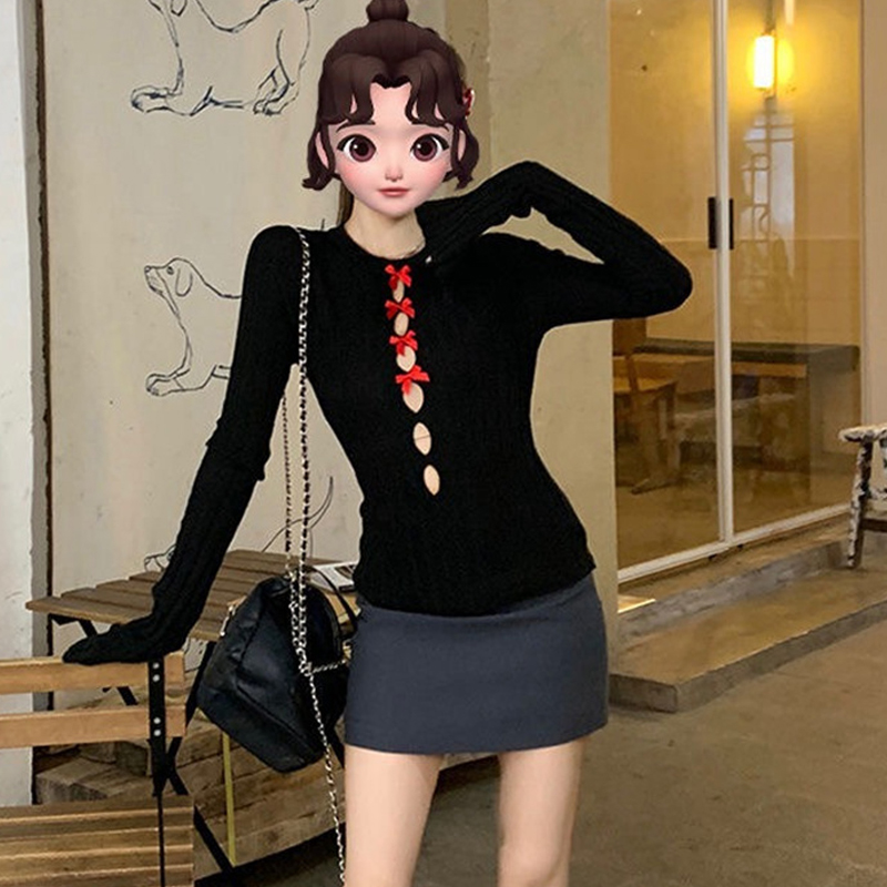 Middle hollow spicegirl round neck pure sweater for women