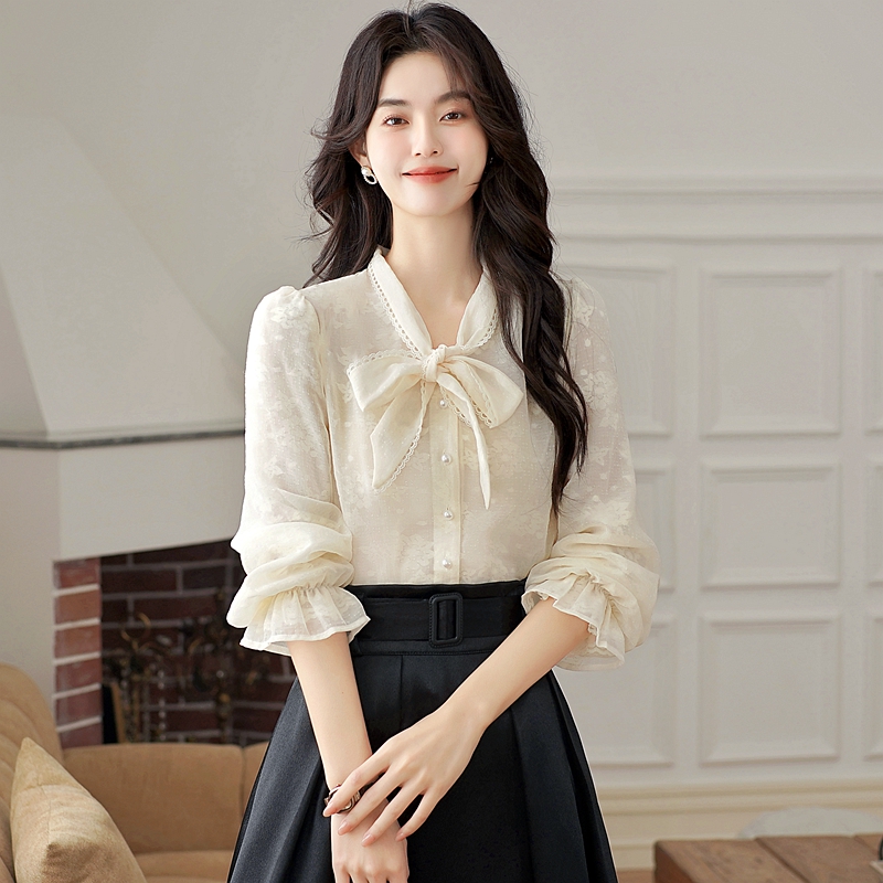 Tender single-breasted shirt bow tops for women