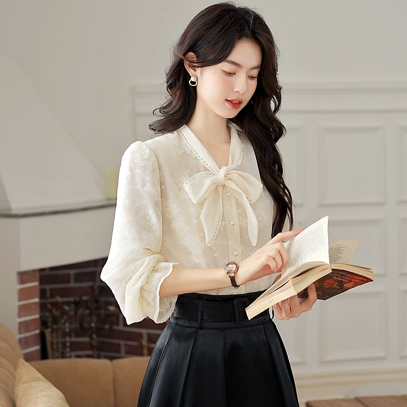 Tender single-breasted shirt bow tops for women