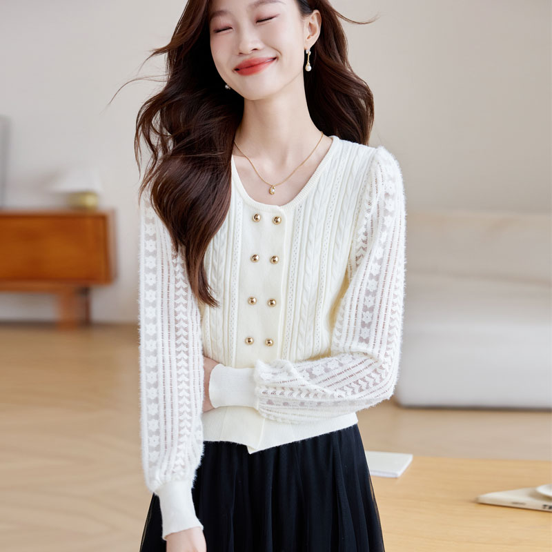 Tender wool autumn tops splice round neck sweater for women