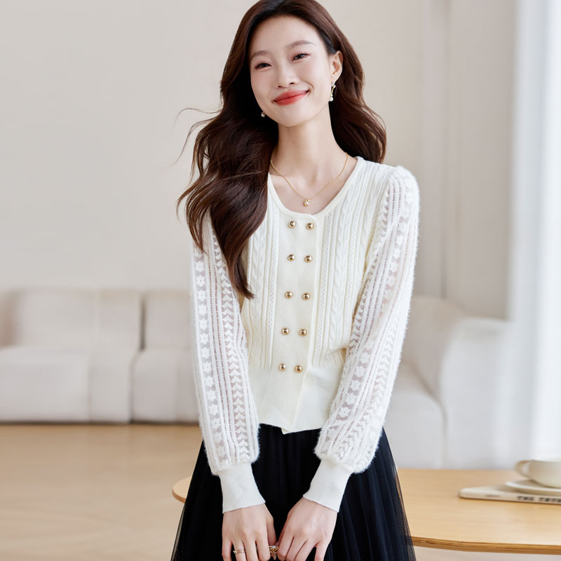 Tender wool autumn tops splice round neck sweater for women