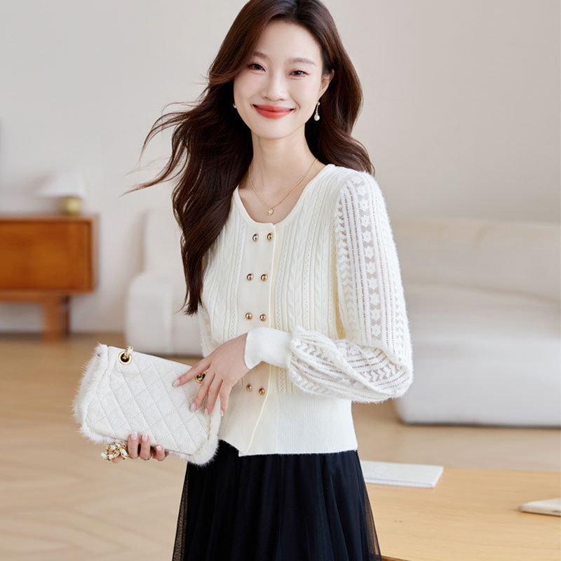 Tender wool autumn tops splice round neck sweater for women